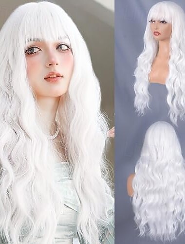  Wig with Bangs for Women Long Wavy Curly Wig Heat Resistant Synthetic Wig for Girls Daily Use Party Halloween Cosplay Wig