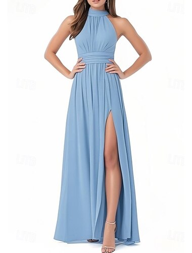  A-Line Bridesmaid Dress Halter Neck Short Sleeve Elegant Floor Length Chiffon with Pleats / Split Front / Ruching