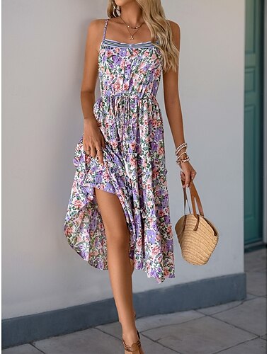  Mujer Vestido Midi Vestido informal Vestido de una línea Vestido lencero Elegante Casual Vacaciones Diario Ajuste regular Floral Sin Mangas Con Tirantes Azul Piscina Verano