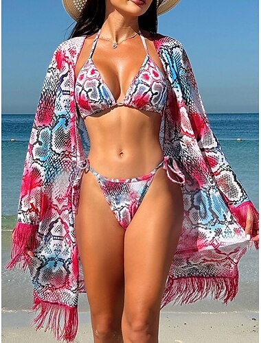  Dames Zwemkleding Bikini Driedelig Brutaal Zwempak Blote rug Slank Vakantie Strand Kleding Luipaard V-hals Mouwloos Badpakken