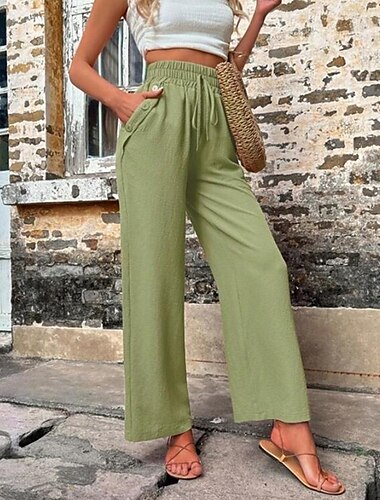  Mulheres Shorts de algodão e linho Calças inspiradas em linho Calças de linho de algodão Moda Roupa de rua Conforto Comprimento total Cintura Alta Tecido Com Cordão Cintura elástica Perna reta
