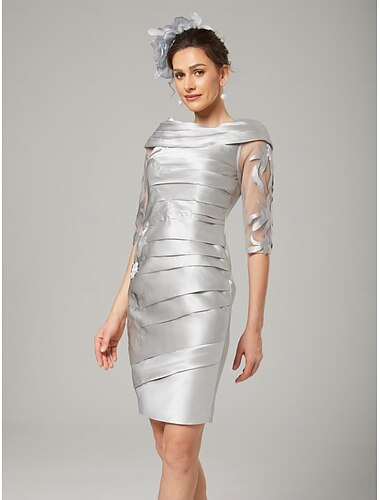  Skaft  Kolumn Mor-till-bruden Klänning Elegant Off Shoulder Knä Längd Taffeta Halv Ärmar med Applikationer Rynkning Kyrka Kostymer Tävling Klänning Midi Klänning