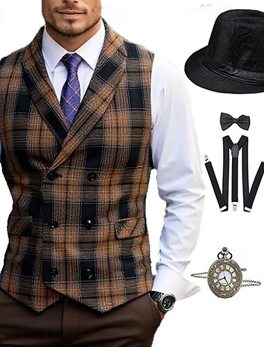  Anni 1920 Ispirato al vintage Il grande Gatsby Costume da festa Set di accessori Senza maniche Doppiopetto Plaid Collo ripiegato Per uomo Halloween Festa & Sera Casual Quotidiano Adulti Gilet Cappello