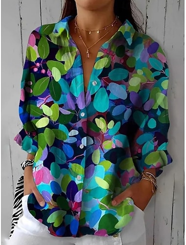  Dames Overhemd Bloemig Casual Lange mouw Overhemdkraag Normale tops Werk Dagelijks Knop Afdrukken Groen Lente Herfst Winter