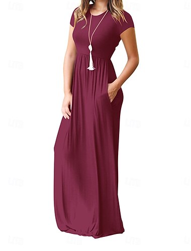  Damen Maxidress Casual kleid Sweatkleid Basic Brautkleider schlicht Urlaub Täglich Regular Fit Glatt Kurzarm Rundhalsausschnitt Wein Rote Purpur Grün Sommer