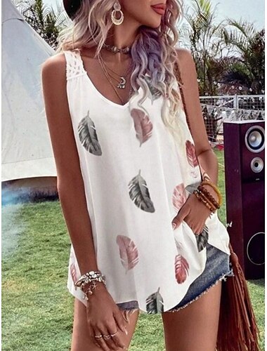  Damen Unterhemd Trägertop Feder lässig Boho ärmellose V-Ausschnitt reguläre Oberteile Alltag Urlaub Patchwork Druck Weiß Sommer Frühling