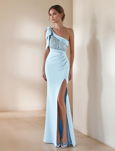  Trompete / Meerjungfrau Abendkleider Elegant Kleid Formal Abendgesellschaft Boden-Länge Ärmellos Ein-Schulter Spitze mit Schleife(n) Perlenstickerei Schlitz 2025