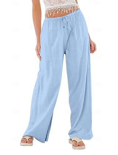  Damen Shorts aus Baumwollleinen Leinen-inspirierte Hosen Hose aus Baumwollleinen Lässig Volle Länge Natürliche Taille Elastischer Bund Elastisches Kordelzugdesign Unelastisch Milchweiß Karminrot