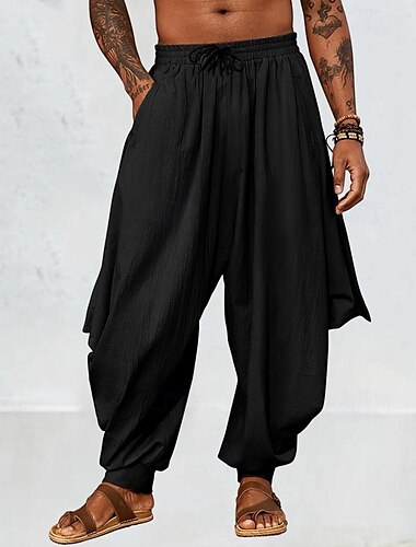  Herren Leinenhose Hose Hosen Sommerhosen Schlabberhose Haremshose Kordelzug Elastische Taille Glatt Komfort Atmungsaktiv In voller Länge Outdoor Casual Festtage Modisch Klassicher Stil Schwarz Grün