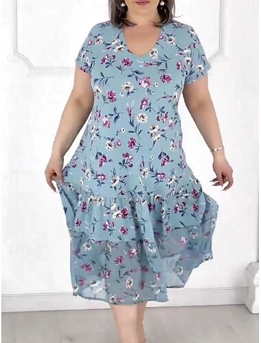  Mulheres Vestido midi Vestido casual à moda Casual Férias Diário Normal Floral Manga Curta Decote V Branco Azul Verão