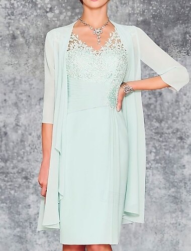  Zweiteiler Eng anliegend Brautmutterkleid kleid hochzeitsgast Kirche Elegant V Ausschnitt Knie-Länge Chiffon 3/4 Ärmel mit Stickerei 2025
