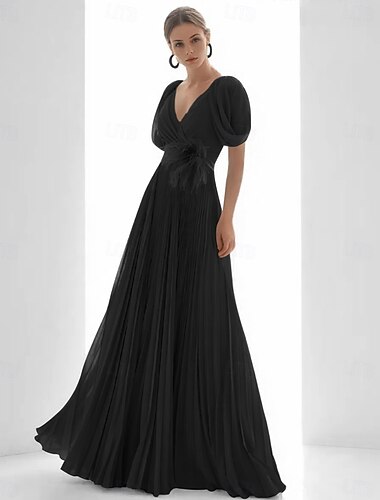  A-Linie Abendkleid elegantes Kleid Strandhochzeit formell bodenlang Kurzarm V-Ausschnitt Chiffon mit Feder gerüscht 2025