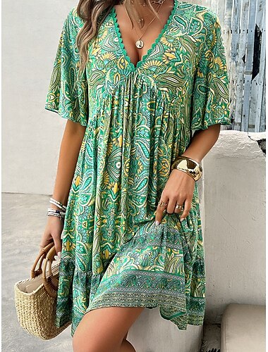  Women's Mini Dress A Line Dress Summer Dress Stylish Casual Vacation Daily Regular Fit Floral Short Sleeve V Neck Black Royal Blue Blue Green Summer