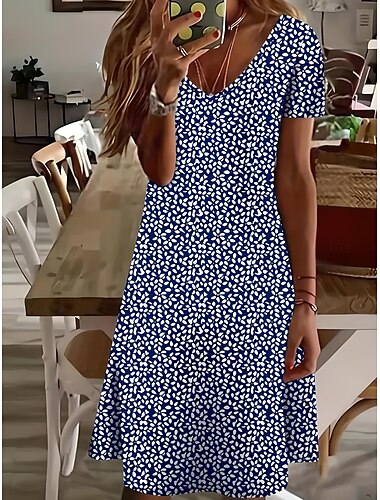  Robe mini femme robe décontractée élégante stylée décontractée vacances quotidienne taille régulière fleurs fleurs ditsy manches courtes col rond bleu été