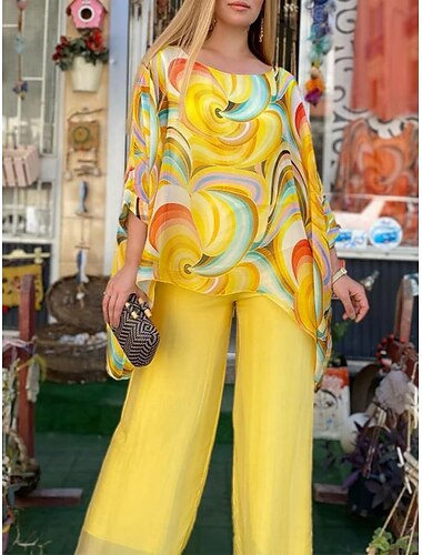  Femme Mode Vêtement de rue du quotidien T shirt Pantalon large Manches 3/4 Col Ras du Cou A Ombre Casual du quotidien Jaune Rose Claire Bleu Eté Standard