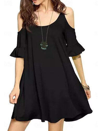  Robe Mini Femme Robe D'été Robe En A Ligne Robe Volante Robe Off The Shoulder Vacances Décontractées Quotidienne Coupe Régulière Unie Manches Courtes Col Rond Noir Blanc Vin Rouge Été