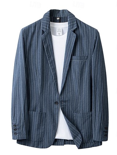  Voor heren Linnen blazer Kostuums Bruiloft Vuosipäivä Vakantie Elegant Neutrale Lente & Herfst Katoen linnen Gestreept Knop Comfortabel Enkele knoopsluiting één knoop Blazer Marineblauw Grijs
