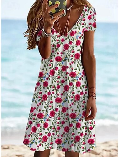  Damen Minikleid Freizeitkleid Elegant Tropisch Hawaiianisch Täglich Normale Passform Blumen Kurzarm Rundhalsausschnitt Weiß Rosa Hell Rot Blau Sommer