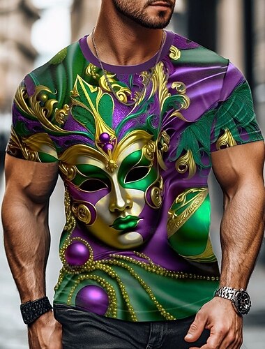 Carnaval Homens Máscara Camiseta Manga Curta Camiseta Impressão 3D Gola Redonda Camisa Designer Casual Festa Feriado Bandagem Roxo Verão Primavera Roupa S M L XL XXL XXXL