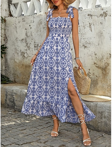  Dámské Maxi šaty Volnočasové šaty Áčkové šaty Slip Dress Boho šaty Čechy stylové Geleneksel Dovolená Denní Běžný Květinový Bez rukávů Ramínka Vodní modrá Léto