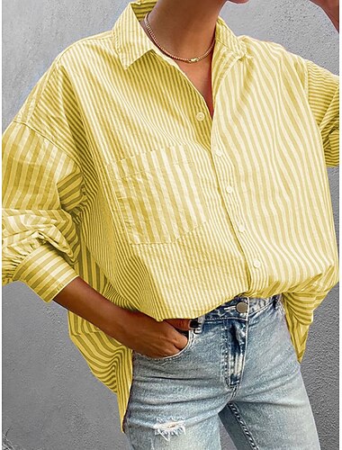  Damen Hemd Bluse Gestreift Elegant Täglich Stilvoll Langarm Hemdkragen Normale Oberteile Täglich Festtage Ausgehen Knopf Tasche Gelb Rosa Grün Frühling Herbst