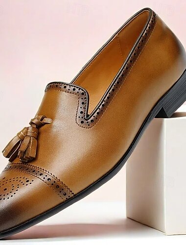  Herren-Loafer aus braunem Leder mit Quasten und Brogue-Details, klassische Slipper für Hochzeiten, Partys und formelle Anlässe