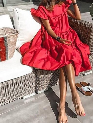  Damen Minikleid Weißes Kleid Freizeitkleid Sommerkleid Mode Trompetenärmel Outdoor Party Ferien Normale Passform Einfach Kurzarm Rundhalsausschnitt Weiß Rote Grün Sommer Frühling