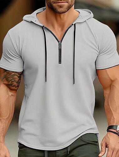  Homens Camiseta Moletom com zíper T-shirt Manga Curta Com Zíper Verão Primavera Côr Sólida Tradicional / Vintage Com Capuz Formal Casa Desportos e Ar livre Preto Branco Cinzento Top Tee para Homens