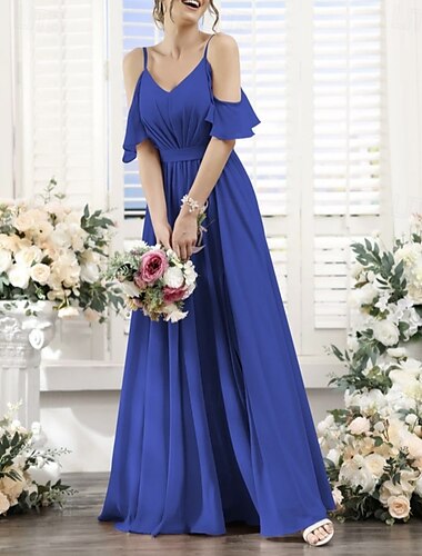  A-Line Bridesmaid Dress V Neck / Spaghetti Strap Short Sleeve Elegant Floor Length Chiffon with Sash / Ribbon / Pleats / Ruching