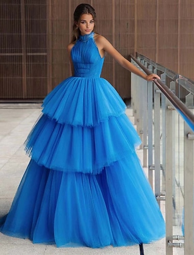  Robe de soirée trapèze à plusieurs niveaux, robe de soirée, cocktail, longueur au sol, sans manches, col licou, en polyester avec plis et perles, 2025
