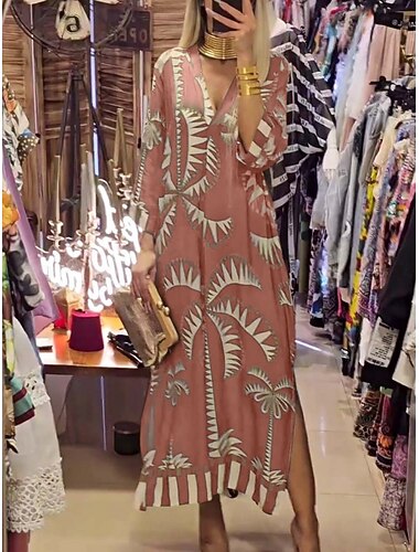  Damen Midikleid Casual kleid A Linie Kleid Boho-Kleid Stilvoll Brautkleider schlicht Urlaub Täglich Regular Fit Graphic 3/4 Ärmel V Ausschnitt Rosa Khaki Armeegrün Sommer