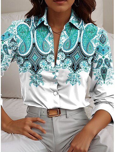  Femmes Chemise Paisley Occasionnel manche longue Col de chemise Hauts Réguliers Travail Quotidien Boutons Imprimé Rouge Bleu Orange Printemps Automne Hiver