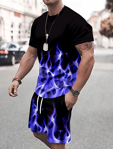  Herren Geometrisch 2St T-Shirts-Sets Sommeroberteile Kurzarm Kurze Hosen Rundhalsausschnitt Sport Lässig Outdoor Urlaub Sport 3D-Druck Sommer Violett Rubinrot Grün