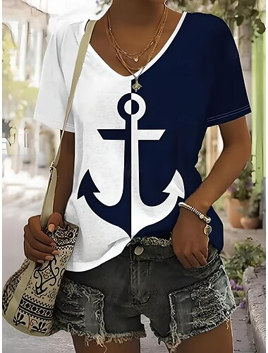  Femme T shirt Océan mode Décontractées Manche Courte Col V Hauts réguliers du quotidien Fin de semaine Imprimer Bleu Eté Printemps