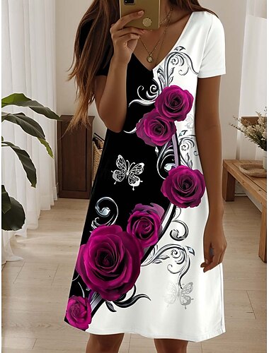  Damen Minikleid Freizeitkleid Elegant Tropisch Hawaiianisch Täglich Normale Passform Blumen Kurzarm Rundhalsausschnitt Perle Schwarz Blau Sommer