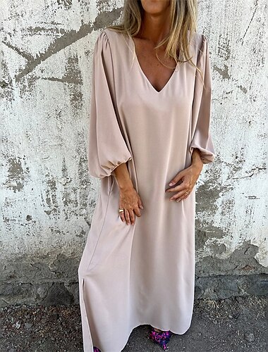  Femme robe longue Robe casual Robe Maxi Robe d'été mode Décontractées Manches Bouffantes Vacances du quotidien Rendez-vous Standard Plein manche longue Col V Rose Claire Rouge Kaki Eté Printemps