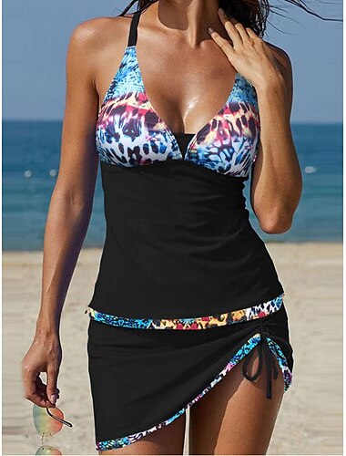 Dames Zwemkleding Tankini 2 stuks Rok Zwempak Blote rug Hoge taille Vakantie Strand Kleding Bloemig Luipaard V-hals Mouwloos Badpakken