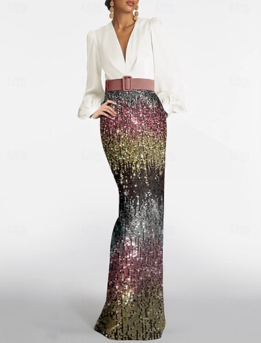  Trompete / Meerjungfrau Abendkleider Elegant Kleid Formal Hochzeit Boden-Länge Langarm V Ausschnitt Gürtel / Schärpe Pailletten mit Schlitz 2025