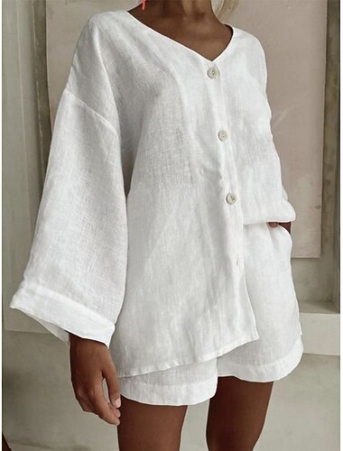  Per donna Moda Streetwear Quotidiano Camicia Set ispirati al lino Set da due pezzi Pantaloncini larghi Manica Lunga Scollo a V Semplice Casuale Quotidiano Nero Bianco Blu Estate Vestibilità regolare