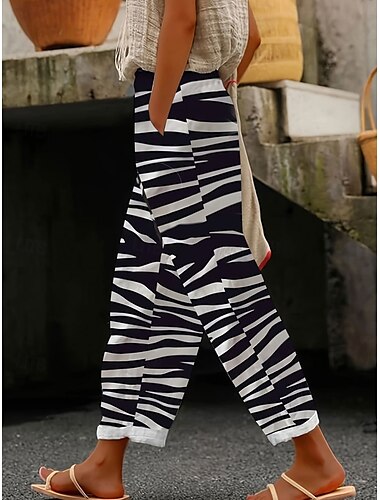  Women's Cotton Linen Pants Baggy Pants Linen Like Fashion Streetwear Full Length High Waist Floral Graphic Printing Thermal Warm Breathable Soft Micro-elastic Outdoor Daily Black White Pink Blue