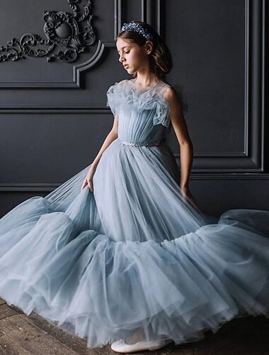  Brudnäbbsklänning Barn Flickor Prinsessaklänning Prestanda Bröllop Fest Elegant Skön Nät Ensfärgat Ärmlös Rund hals Blå 4 år +