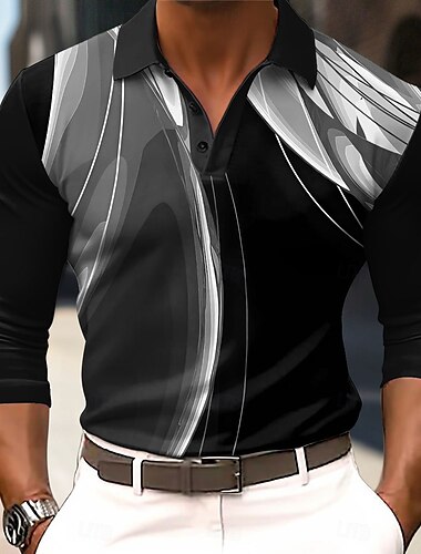  Herren Geometrisch Linie Golfshirt Langarm Polo-Shirts Hemden mit Kragen Lässig Business-Casual Straße Athleisure Outdoorbekleidung Ferien Knöpfe 3D-Druck Frühling Herbst Winter Schwarz Weiß