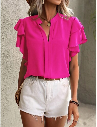  Dames T-shirt Effen Modieus Modern Casual Korte mouw Gekerfde nek Normale tops Dagelijks Weekend Ruche blauw Fuchsia Zomer Lente