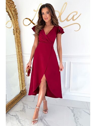  Damen Midikleid Cocktailkleid Kleid für Hochzeitsgäste Chiffonkleid Midi-Kleid Elegant Normale Passform Einfarbig Kurzarm V Ausschnitt Schwarz Wein Rote Khaki Sommer