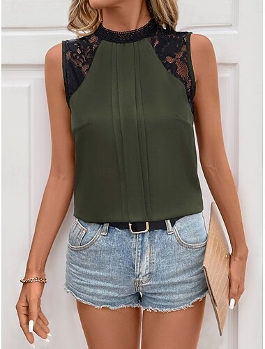  Kvinners Camisole Tank Top Enfarget Uformell Uten ermer Høy hals Regular Tops Daglig Blonde Puslespill Marineblå Grønn Grå Sommer