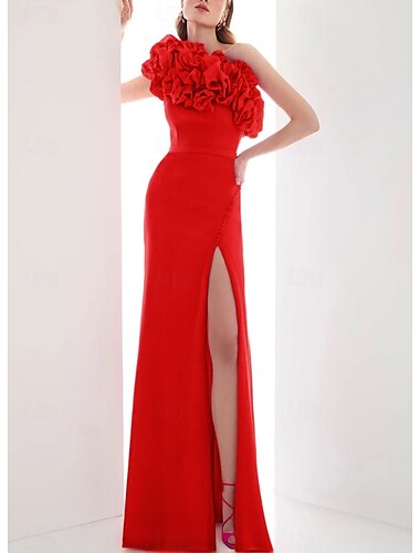  Rosa Rotes A-Line Abendkleid Elegantes Kleid Formelle Hochzeit Bodenlänglich Ärmellos Ein-Schulter Capes Stretch-Crepé mit Schulterblume
