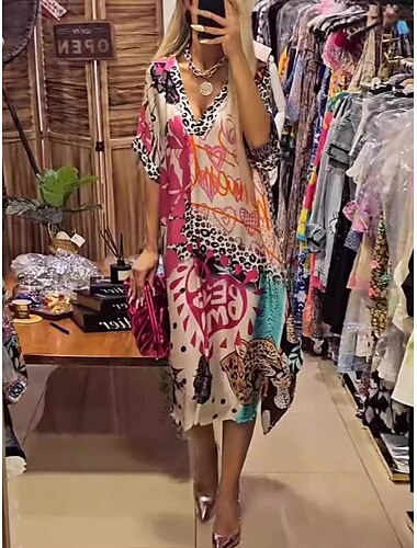  Damen Midikleid Casual kleid A Linie Kleid Stilvoll Brautkleider schlicht Urlaub Täglich Lockere Passform Herz Blumen Leopard Kurzarm V Ausschnitt Rosa Blau Grün Sommer