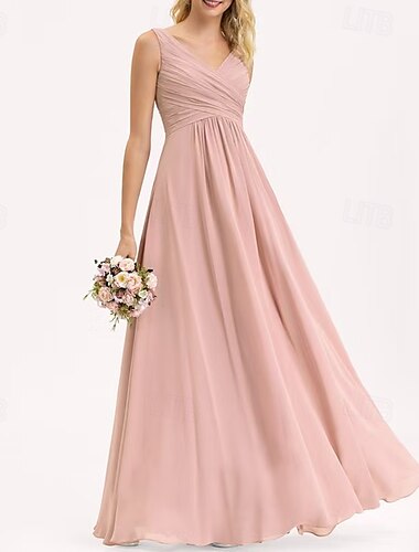  A-Linie Brautjungfernkleid V-Ausschnitt Ärmellos Elegant Bodenlänge Chiffon  Spandex mit Falten  Drapierung  Rüsche