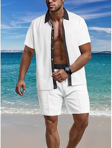  Homme Ensembles T-shirt Tenues 2 pièces Ensemble Short Manche Courte Revers Été Bloc de Couleur Mode Occasionnel 2 pièces Vacances Tenue quotidienne Sortir Noir Blanche Vin T-shirt haut de gamme pour