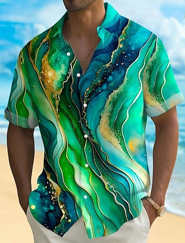  Herr Abstrakt Marmor Skjorta Knapp upp skjorta Kortärmad Mode Casual Semester Helgdag Streetwear Sommar Vår Nedvikt 3D-utskrift krage skjortor Grön